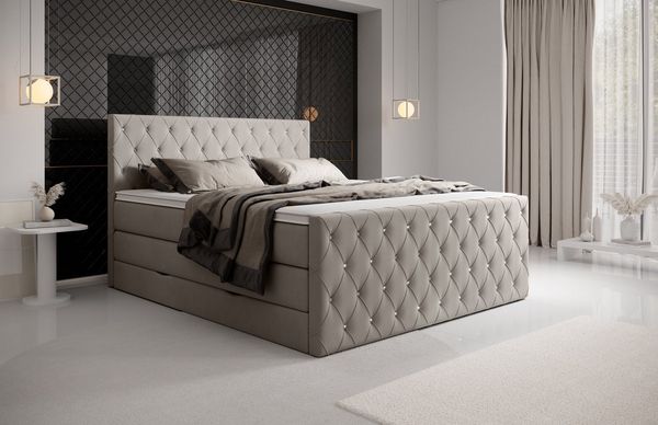 wonello Boxspringbett Dubai, Samt, mit Kristallen, Bettkasten und Premium Kaltschaum-Topper 6 cm
