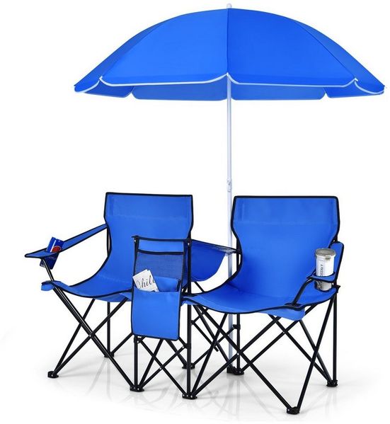 COSTWAY Campingstuhl, mit Sonnenschirm, Getränkehalter & Kühltasche, faltbar