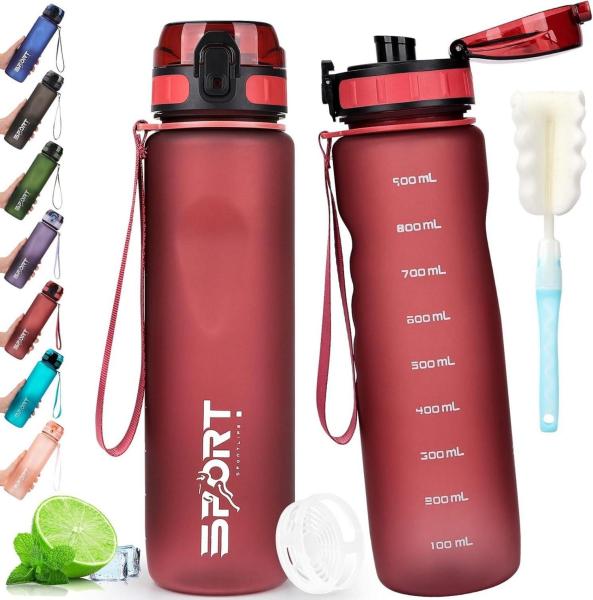 AOPREL Trinkflasche 1L Sport Wasserflasche Auslaufsicher BPA Frei Camping Rot