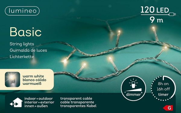 Lumineo LED-Lichterkette Lumineo Lichterkette BASIC 120 LED 9 m warm weiß, transparentes Kabel, Indoor/Outdoor, dimmbar, 8h-Timer, + 5 m Zuleitung