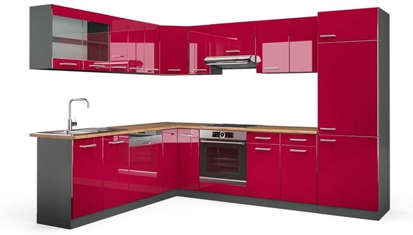 Eckküche R-Line Rot Hochglanz/Anthrazit 287 x 60 cm , AP Eiche Vicco