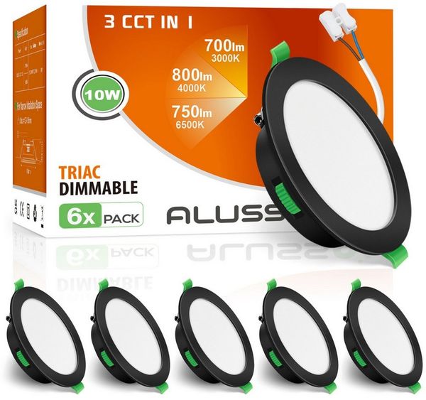 ALUSSO LED Einbaustrahler 6er-Set, Decken Leuchte, Flach Strahler für Bad, Wohnzimmer, 230V, 10W, 125-135 mm, Rund, Schwarz