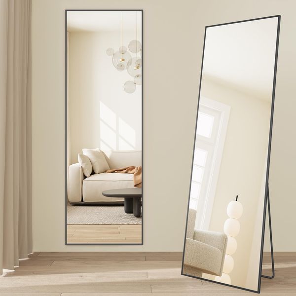 SONGMICS Ganzkörperspiegel, 160x50 cm, rechteckiger Standspiegel, Rahmen aus Aluminiumlegierung, Hartglas, quadratische Ecke, für Schlafzimmer, Wohnzimmer, Garderobe, tintenschwarz LFM050BD01