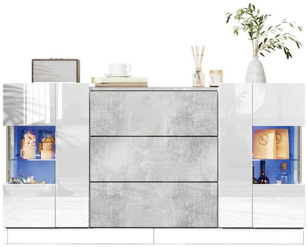 MODFU Sideboard mit großzügiger Stauraum (Kommode, Anrichte, Wohnzimmerschrank, 1 St, 2 Türen und 3 Schubladen), grauer Marmorlook und weißen Fronten, LED-Beleuchtung