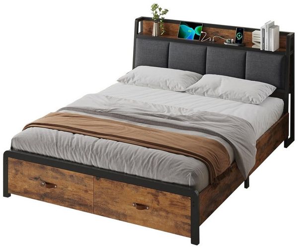 KIMENICH Metallbett Bettgestell mit Ladestation und 2 Schubladen, Jugendbett (1-tlg, Ohne Matratze), 160x200cm, Schwarz+Vintage Braun
