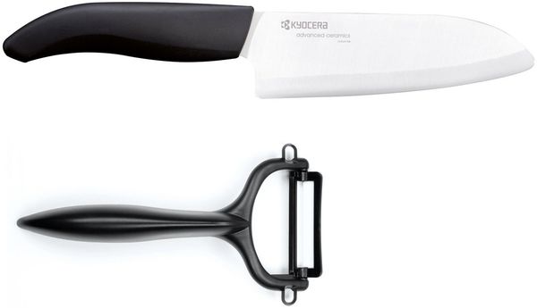 KYOCERA Messer-Set (Set, 2-tlg, 1 x Santokumesser, 1 x Sparschäler), extrem scharfe Hochleistungskeramik-Klinge