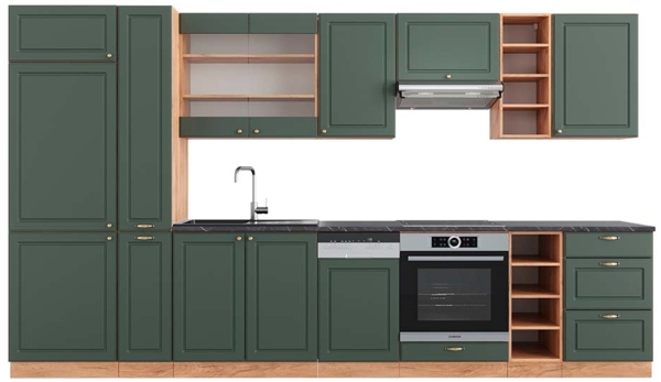 Küchenzeile Fame-Line Grün-Gold Landhaus/Goldkraft Eiche 355 cm , AP Anthrazit Vicco