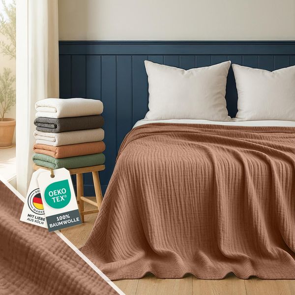 Blumtal Tagesdecke Baumwolle 220x240 cm - Musselin Decke Oeko-TEX Zertifiziert - Bettüberwurf 220x240 - Couch Überwurf - Kuscheldecke Baumwolle 100% - Überwurf Bett - Tagesdecke Couch in Copper