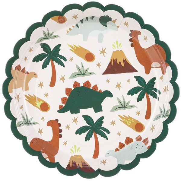 partydeco Pappteller, Pappteller 18cm mit Dinosaurier Motiv 6er Set Weiß / Bunt