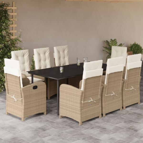 vidaXL 9-tlg. Garten-Essgruppe mit Kissen Beige Poly Rattan 3212378