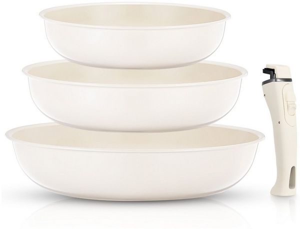 FOHERE Pfannen-Set Antihaft-Pfannen-Set mit abnehmbarem Griff, 3-teilig, Aluminium (3-tlg), drei Pfannen (20CM, 24CM, 28CM), beige
