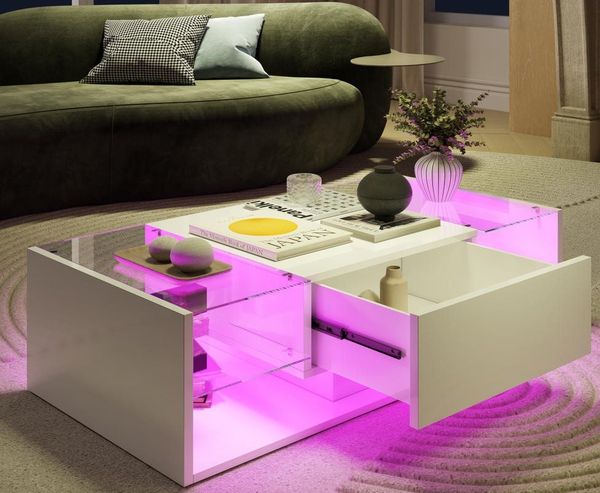 Furnishings Home Couchtisch Wohnzimmertisch Ablagetisch LED Beistelltisch (Hochglänzender quadratischer, mit LED Beleuchtung & Fernsteuerung), Mit Vier Fächer stauraum und 16-farbigen variablen LED-Beleuchtung