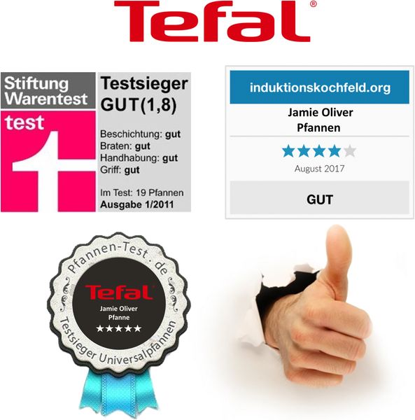 Tefal B12595 Jamie Oliver Edelstahl Bratpfanne 28cm 3 TLG Pfannenset mit Titanium Excellence Antihaftbeschichtung und Thermospot für alle Herdarten, auch Induktion, Spülmaschinengeeignet