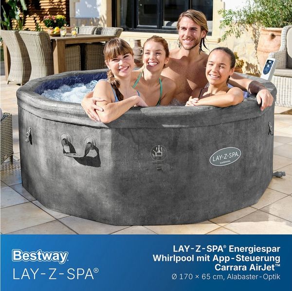 LAY-Z-SPA® Energiespar Whirlpool Carrara AirJet™ mit App-Steuerung, für 6 Personen, Ø 170 x 65 cm, Alabaster-Optik