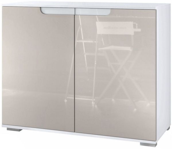 Vladon Kommode Sylt V3 (Moderner Küchenschrank, mit 2 großen Türen), Weiß matt / Sandgrau Hochglanz (92,5 x 75.5 x 35)