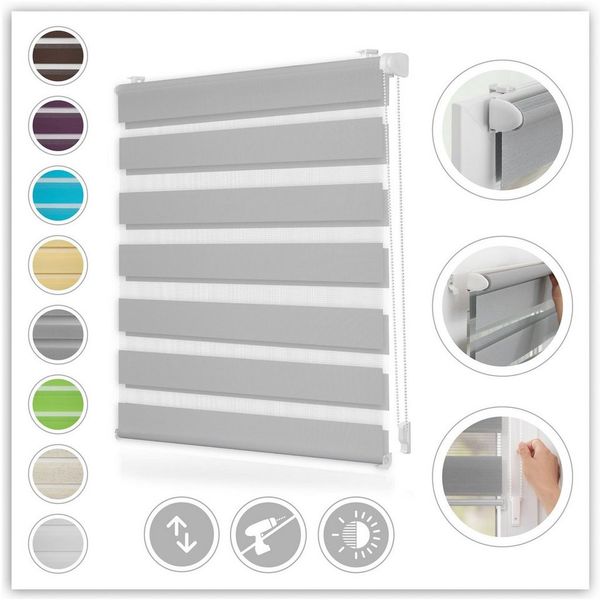 Lichtblick Doppelrollo Kopenhagen Klemmfix ohne Bohren, Streifen, Blickdicht, Klemmträger-Montage, Sichtschutz, Wandmongtage, Deckenmontage, für Fenster und Türen Grau, 150,0 cm, 120,0 cm