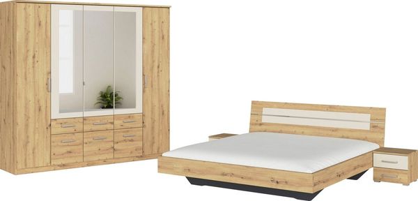 Schlafzimmer Burano in Eiche und Beige 4 teilig – mit verschiedenen Schrankvarianten wählbar - 4 teilig , Kleiderschrank 5 türig + 180er Doppelbett + 2 Nachttische