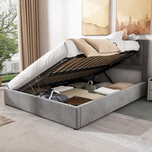 HAUSS SPOLE Polsterbett 140X200cm mit linker und rechter abhebbarer Bettkasten, Samt, Grau (Doppelbett aus Stahlrahmen,Samt,140*200cm,grau, Stauraumbett mit linker und rechter abhebbarer Bettkasten)