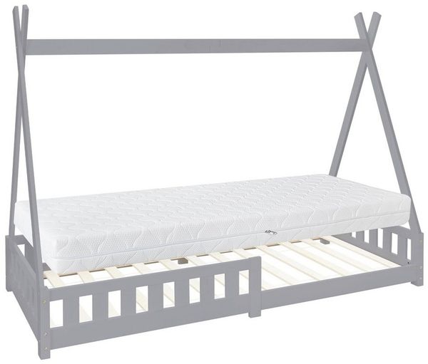 ML-DESIGN Spielbett Hausbett Tipi Zeltbett inkl. Lattenrost Bodenbett Kinder Himmelbett, Abenteuerbett mit Rausfallschutz Zelt Bett Kiefer Grau Kinderhaus