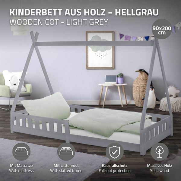 ML-DESIGN Spielbett Hausbett Tipi Zeltbett inkl. Lattenrost Bodenbett Kinder Himmelbett, Abenteuerbett mit Rausfallschutz Zelt Bett Kiefer Grau Kinderhaus Bild 2