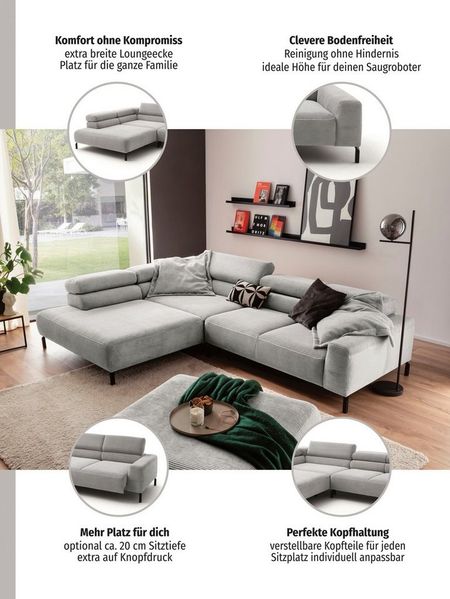 Home affaire Ecksofa Antonelli, L-Form, inkl. Kopfteilverstellung, Breite 312 cm, ohne Sitztiefenverstellung, in Cord, grau