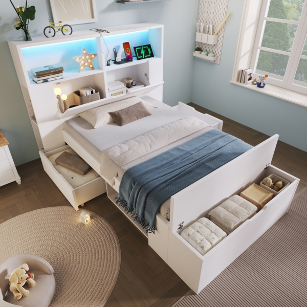 Merax Einzelbett Holzbett 90x200 cm Jugendbett, Kinderbett mit Stauraum, LED-Beleuchtung, USB-Ladeanschlüssen, Schubladen, Bettbank, Regalen, Lattenrost, Weiß