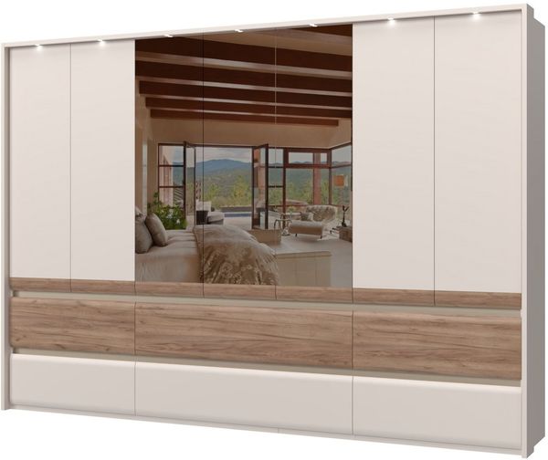 OTTO home Kleiderschrank Invictus, UV lackiert, FSC-zertifiziert, grifflose Optik (abgerundete Schubladen aus MDF im Holzdekor, soft-close) mit Beleuchtung und Spiegel, in 4 Breiten, hoher Schrank (226cm)