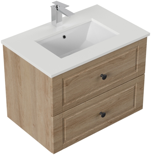 Badmöbel Ely 70 Cottage weißes Quarz SoftClose eiche hell : Creme / Grafit