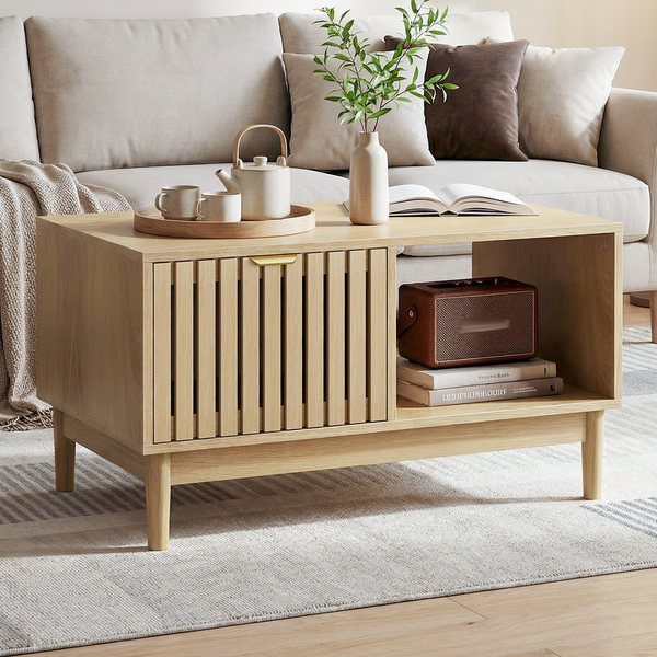 Couchtisch 80x50x45 cm im Mid-Century-Modern-Stil mit Gitterdesign, Nische und Massivholzbeinen
