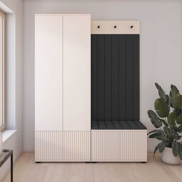 Garderoben-Set Ritmo version 1 – gefräste Kleiderschrank mit Polsterplatten, Schuhschrank, für Flur und Eingangsbereich (cashmere, Trinity 16), 185 x 40 x 140 cm