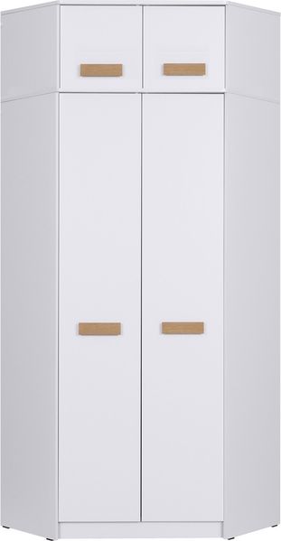 Marmex Möbel Grant 08/15 Ein moderner Eckschrank mit 2 Kleiderstangen, Einlegeböden und Schrankaufsatz, laminierte Spanplatte, weiß, 91x235x91 cm