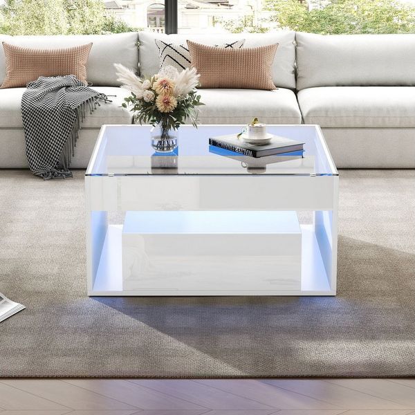 REDOM Couchtisch Hochglanz-Tisch mit durchbrochenem Design & LED-Beleuchtung (Packung, 1-St, 70x70x35 cm in Weiß, mit Schublade & gehärteter Glasplatte), Vielseitig als Kaffee-, Schreib- oder Esstisch nutzbar