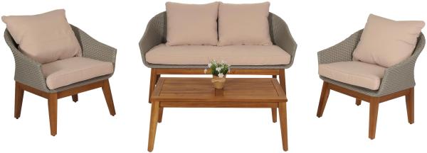 Gartengarnitur HWC-N37, Garten-/Lounge-Set Sofa Sitzgruppe, Poly-Rattan Holz Akazie ~ grau, Kissen beige