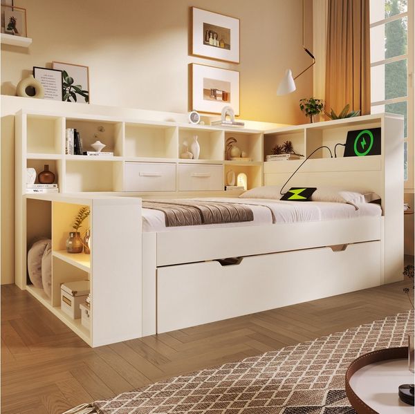 OKWISH Stauraumbett Bett 90x200 cm mit Ausziehbett und USB-/Type-C-Anschlüssen (Holzbett, Funktionsbett, 1-tlg, Großzügiger Stauraum, hochwertigen Platten), Platzsparendes Doppel- & Jugendbett