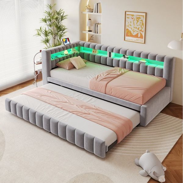 MODFU Schlafsofa mit Ausziehbett, Polsterbett mit LED-Beleuchtung & USB-Anschluss, Kinderbett 90x200/180x190 cm, ohne Matratze