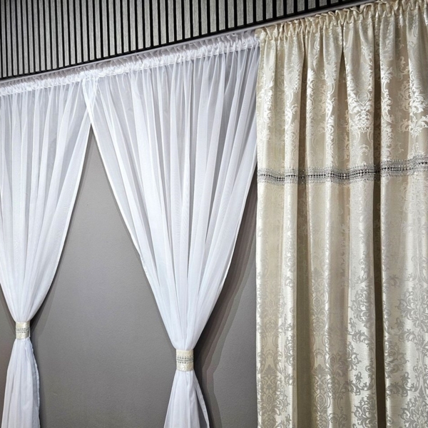 Gardinen by Justyna Verdunkelungsvorhang Vorhang Schal Set Creme Weiß (6 St), Kräuselband, blickdicht, Polyester, Blickdicht,Verdunkelung,Verdunkelt,Kräuselband,Store Bild 3