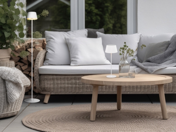 SET: Kleine Akku Stehlampe 123cm & Tischlampe 39cm für Outdoor kabellos Weiß