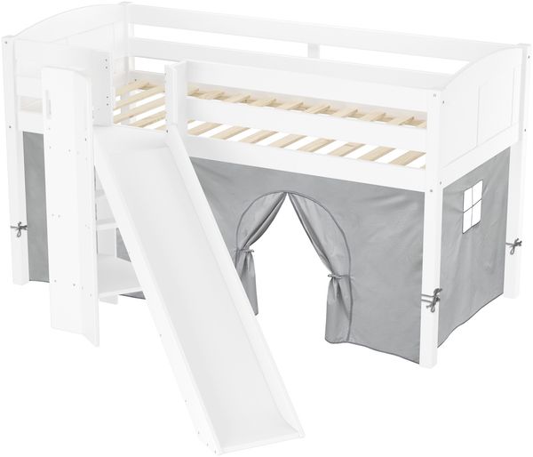 Schönes Spielbett für Kinder mit Rutsche 90x200 Kiefer weiß V-60.21W-09mit Vorhang grau
