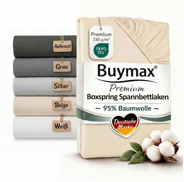 Buymax Spannbettlaken Premium Jersey für Boxspringbett, 95% Baumwolle, bis 35 cm, Jersey, Gummizug: Rundumgummi, (1 Stück), Premium Baumwolle Jersey 250g/m², weich & elastisch, bis 35cm Steghöhe