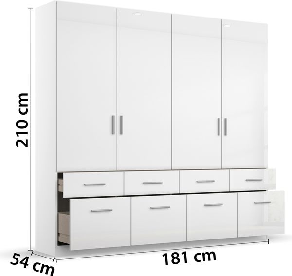rauch Kleiderschrank; Drehtürenschrank CELLE, 4-türig, 8 Schubkästen, Hochglanz alpinweiß, 181x210x54xcm Bild 4