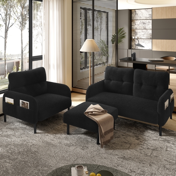 LVHOM Cord 3er-Set 2-Sitzer+Sessel+Hocker, Flexibel für Wohnzimmer Ecksofa mit Seitentaschen, Sitzgruppe Schwarz