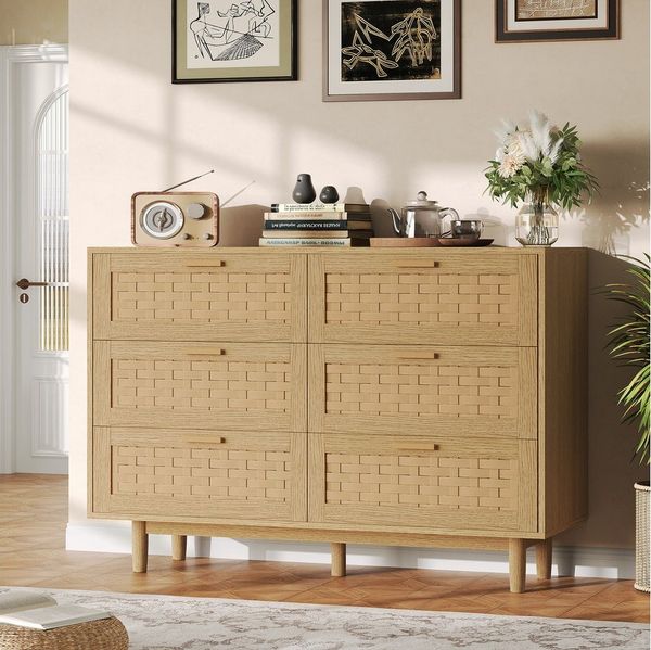 FUROKOY Sideboard Rattan Küchenschrank us Holz (Buffetschrank Highboard mit 6 Rattan Schublade), für Schlafzimmer, Wohnzimmer, Flur, 115 x 40 x 80 cm, Holzfarbe