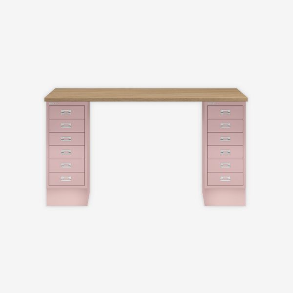 MultiDesk, 2 MultiDrawer mit 6 Schüben, Dekor natürliche Eiche, Farbe Pastellpink, Maße: H 740 x B 1400 x T 600 mm