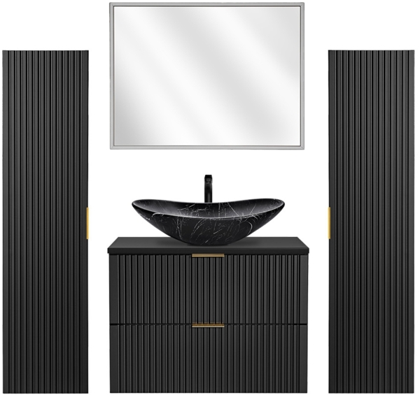 Badmöbel Komplett Set mit Keramik Waschbecken schwarz marmoriert, LED-Spiegel, matt schwarz gerillt, ADELAIDE-56-BLACK, B/H/T ca. 180/200/46,5 cm