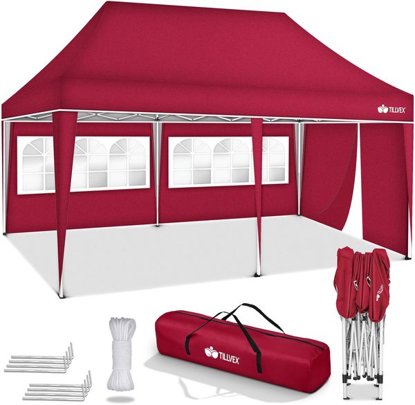 tillvex Pavillon 3x6m - mit 3 Seitenwänden Rot wasserdicht | Pop-Up Faltpavillon höhenverstellbar | Gartenzelt UV Schutz 50+ | Partyzelt mit Tasche für Garten
