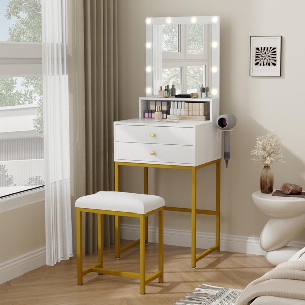 Schminktisch LED-Beleuchtung Spiegel 3 Farben 2 Schubladen Weiß Gold