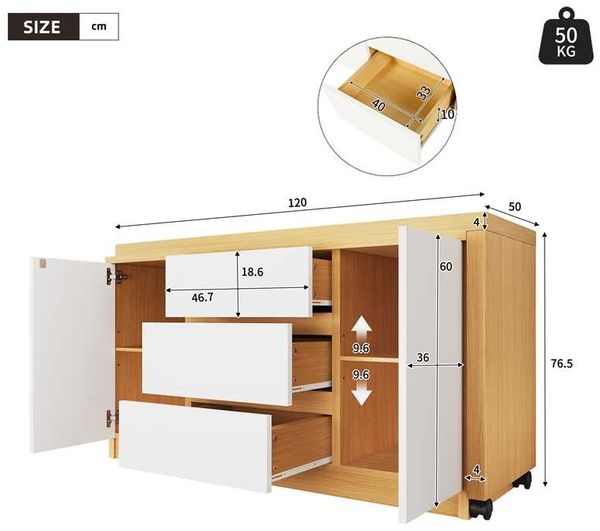Schreibtisch, mit feststellbaren Rollen, multifunktionales Design, 4 cm dickere drehbare Tischplatte, fest arretierbar, Holz, Weiß/Eiche Bild 5