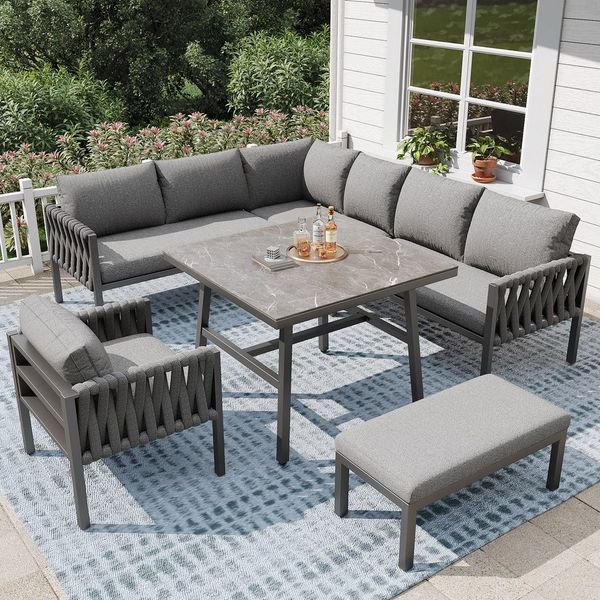 REDOM Gartenlounge-Set mit verzinktem Eisengestell, (mit Seil-Design, höhenverstellbaren Füßen - Ecksofa, Einzelsofa, Sofabank, Tisch mit gehärteter Glasplatte - Robuste, komfortable Sitzkissen), mit Relaxfunktion