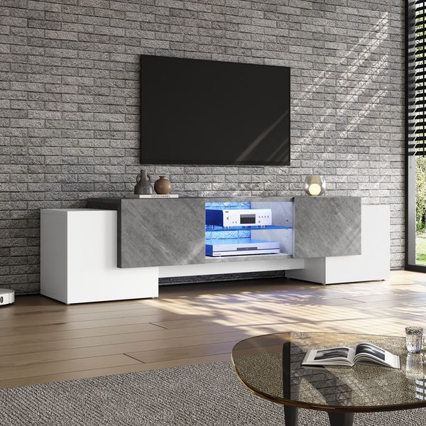 TV-Schrank 180 x 40 x 46,5 cm, Weiß/Grau, mit LED-App-Steuerung, 4 Türen und offenem Fach