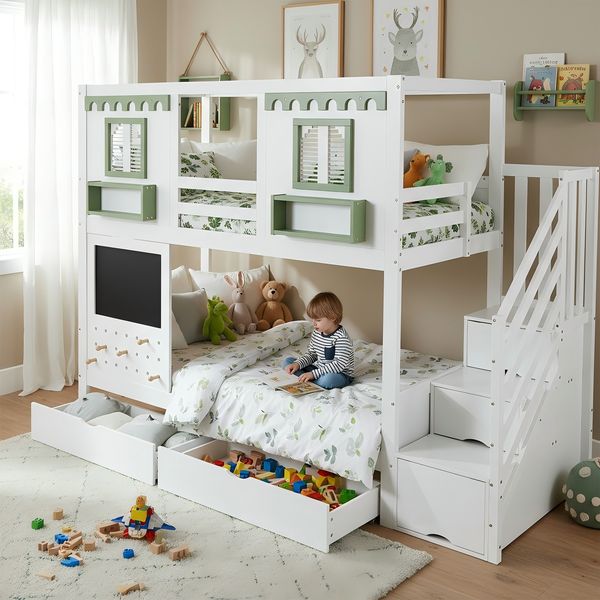 Etagenbett, Kinderbett, Mit kleinem Lochbrett-Bereich + 5 mitgelieferten Holzhaken, Zwei Schubladen, Mit Treppenaufbewahrungs-Schrank, Kiefer + MDF + Sperrholz, Weiß+Grün, 90x200cm